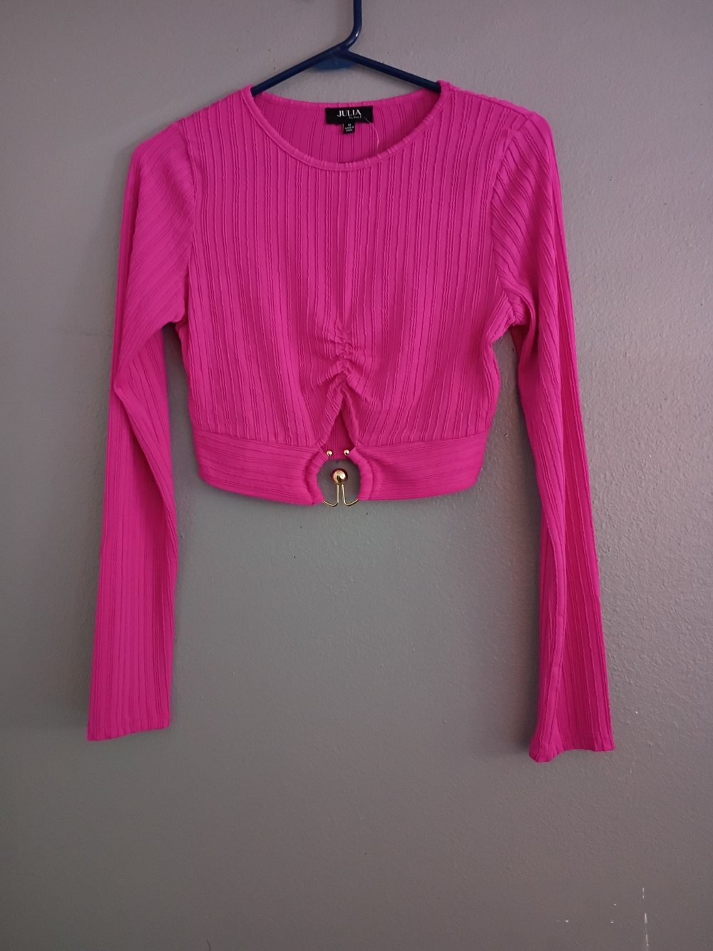 love J Bright Pink Ribbed Long-Sleeve Cropped Top with Gold Accent